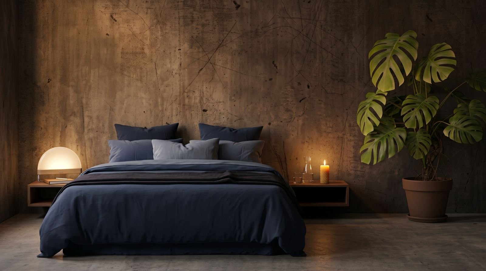 Rustig opgemaakt bed in een warm verlichte slaapkamer