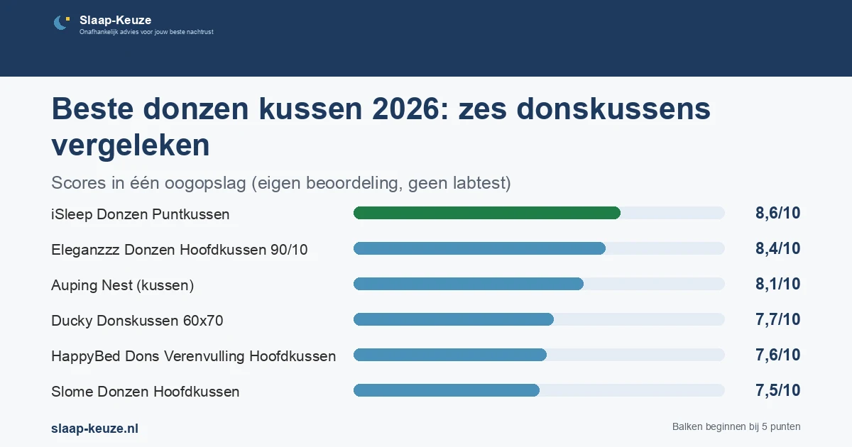 Staafgrafiek met de scores uit de vergelijking Beste donzen kussen 2026: zes donskussens vergeleken: iSleep Donzen Puntkussen 8,6/10, Eleganzzz Donzen Hoofdkussen 90/10 8,4/10, Auping Nest (kussen) 8,1/10, Ducky Donskussen 60x70 7,7/10, HappyBed Dons Verenvulling Hoofdkussen 7,6/10